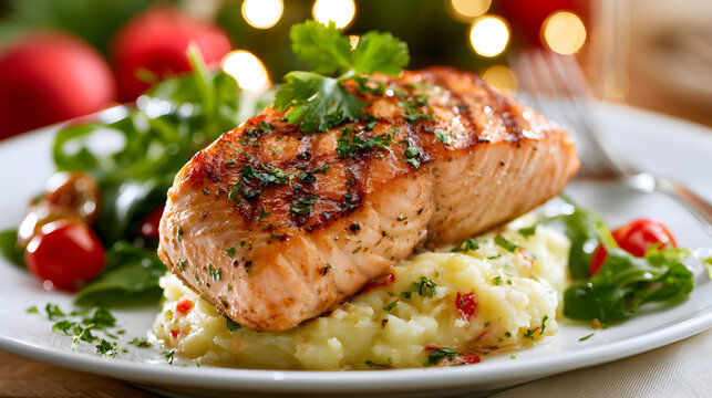 Grilled salmon fillet served with mashed potatoes and fresh green salad on a white plate against a festive christmas background