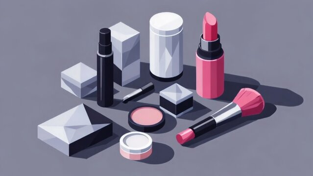 Modern cosmetic makeup products lipstick brush compact powder spray bottle stylish beauty accessories fashion glamour design &ndash; flat vector illustration