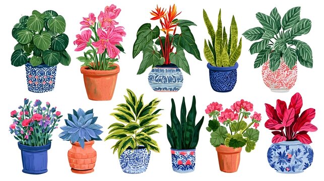 Hand-drawn illustration set of colorful potted houseplants and flowers Stock Illustration