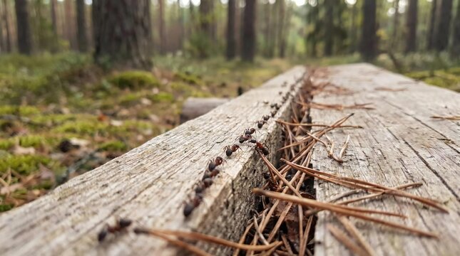 The Image Shows A Group Of Ants Crawling On A Wooden Surface In A Forest The Wood Appears To Be Weathered And Aged With Patches Of Moss And Twigs