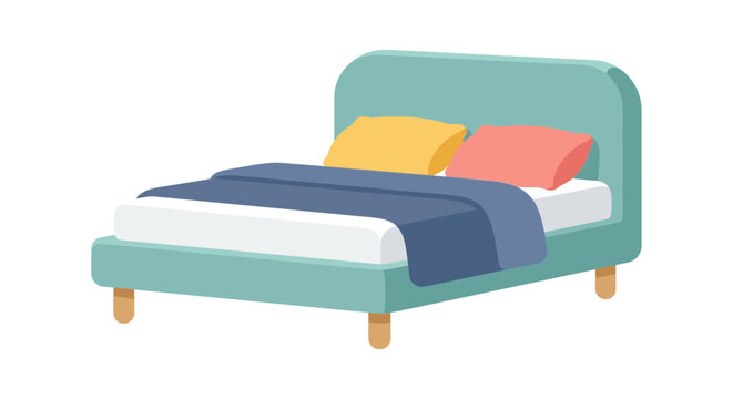 A teal bed with yellow and coral pillows is a flat vector illustration