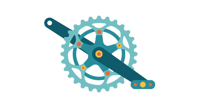 Bicycle crankset and chainring are depicted in a flat vector illustration