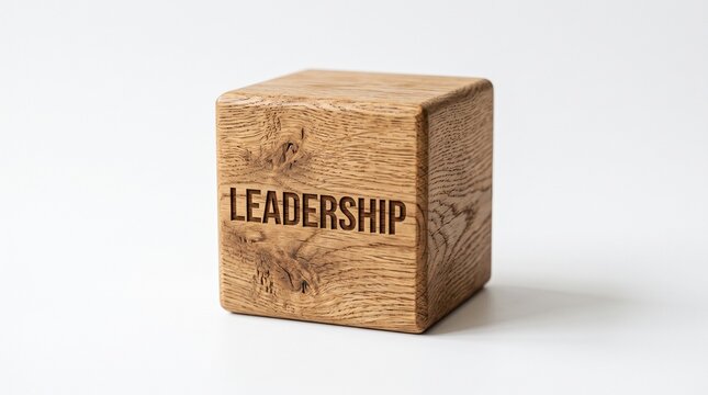 Wooden cube with the word 'LEADERSHIP' engraved on its side is prominently displayed on a clean white background, representing a core business principle.