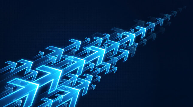 Abstract blue glowing arrows pointing upwards and forwards on a dark digital background representing progress and future technology concepts