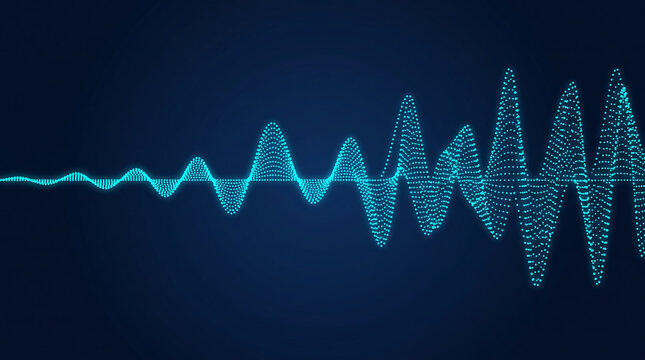 Abstract digital waveform representing sound waves and audio frequencies with glowing blue particles on a dark navy background