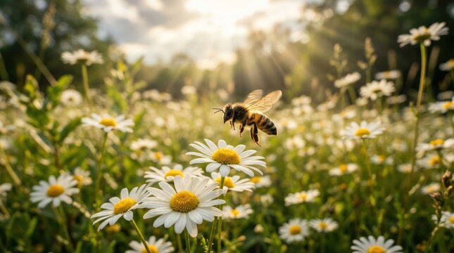 Bee Flying Over Daisy Field at Sunrise.