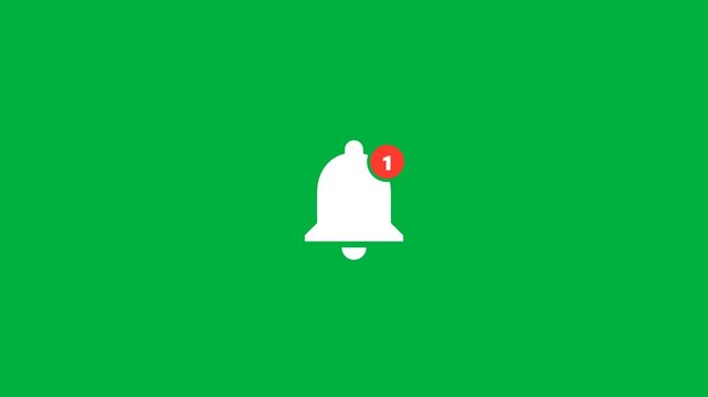 Isolated white notification bell ringing animation with red badge on solid green screen motion overlay