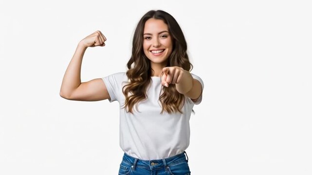 A cheerful young woman flexing her arm muscle and pointing at the camera