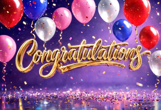 Golden congratulations text with colorful balloons and confetti celebrating a special achievement or success