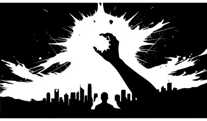 Naklejka premium Giant Monster Silhouette Attacking City With People Watching, Black And White Vector Illustration For Movie Poster And Kaiju Design