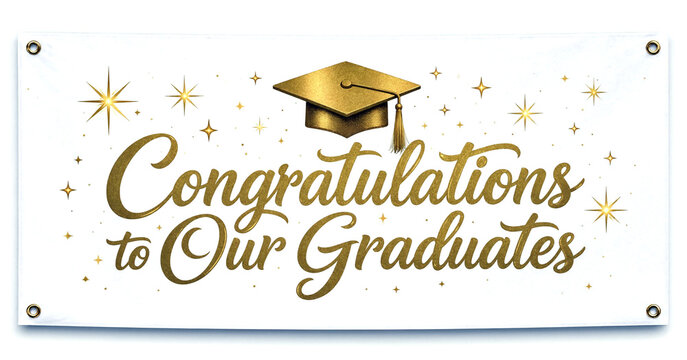 Golden graduation cap with congratulations text and sparkling stars on elegant banner design