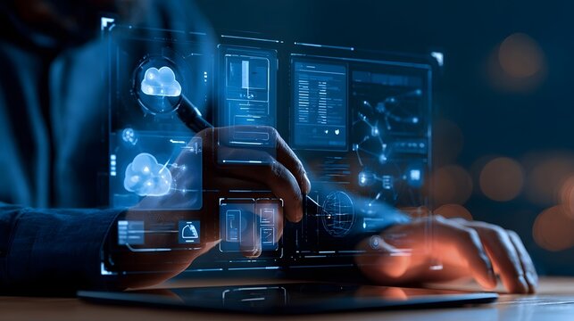 Low code no code development and programming concept with professional presenting virtual coding ai automation, cloud computing, and software integration for efficient application development