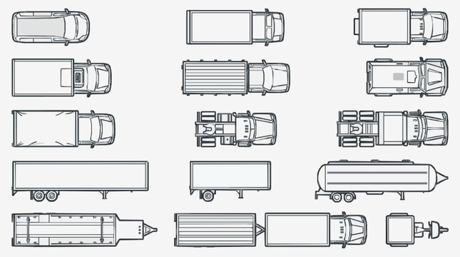 Clean Black and White Top Down Illustrations of Various Trucks and Trailers for Commercial Use with high quality professional line art symbols for modern creative design and digital branding projects