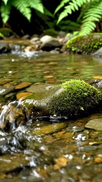closeup video showing clear water flowing gently over moss-covered rocks in a vibrant forest stream surrounded by green foliage