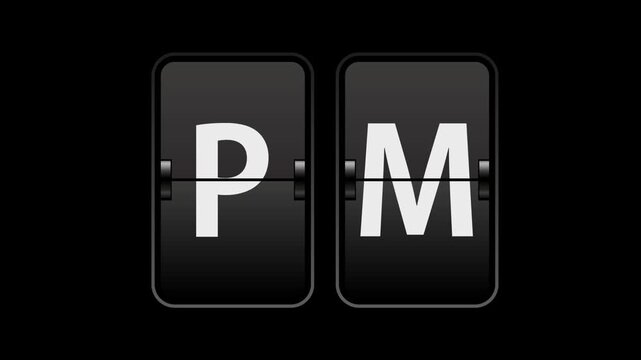 Flip text animation of a board showing the word pm with transparent background video & looping alpha channel.