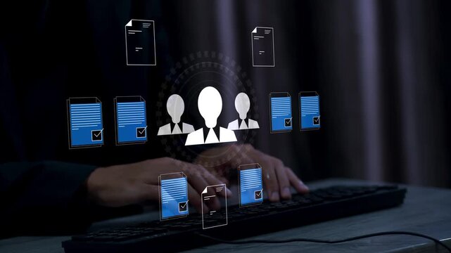 Concept of a digital human resources platform for workforce management. An applicant tracking system helps in team building by organizing employee and candidate profiles.