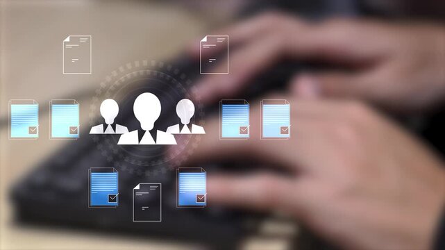 Concept of a digital human resources platform for workforce management. An applicant tracking system helps in team building by organizing employee and candidate profiles.