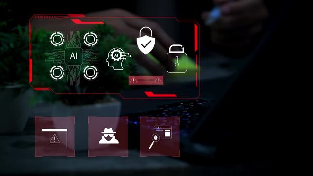 Futuristic cybersecurity concept featuring a critical system warning, malware detection, and red alert interface. Represents a data breach, ransomware attack, and automated AI defense response.