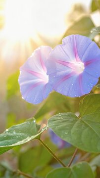 朝露に濡れた青いアサガオの花びらが優しく揺れる清涼感のある庭園の風景　文字入れができるコピースペースを確保した背景用の縦長ビデオ素材　自然の情緒を感じさせる高解像度な映像素材