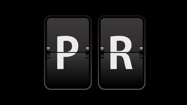 Flip text animation of a board showing the word pr with transparent background video & looping alpha channel.