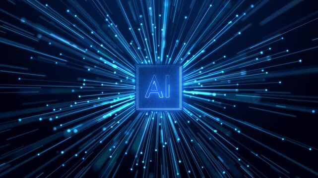Futuristic AI chip motion visual blue glowing panel, radial streaks, data energy, smart 19 depth. neural network explainers, software dashboards, automation ads, cyber intros, digital overlays.
