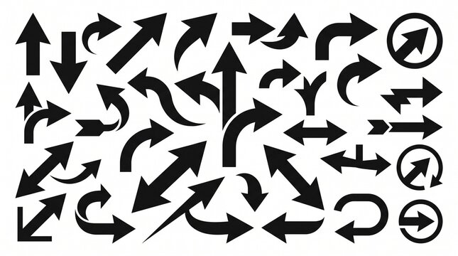 "Black directional arrow silhouettes pointing various ways, bold stylized designs symbolizing navigation, orientation, movement, and graphic diagram indicators."