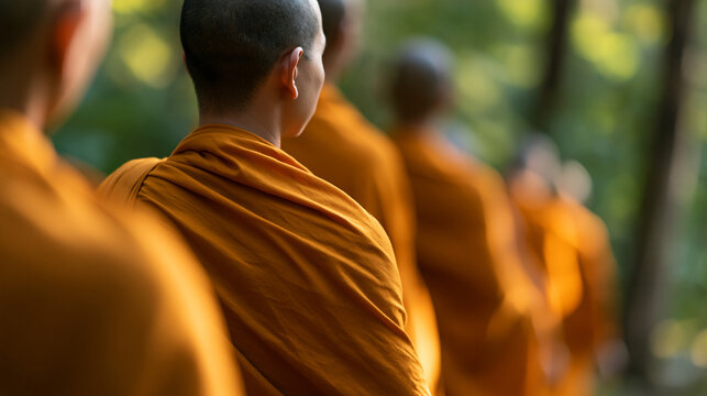 Faceless monks walking on a pilgrimage through the forest, keeping traditional precepts, spiritual journey concept, with copy space
