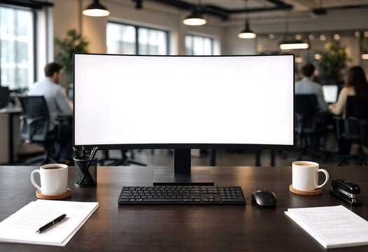 Modern office workspace with a large monitor two coffee cups and stationery on desk