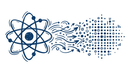 Drawn Atom Symbol Transforming into Abstract Particles © Deni