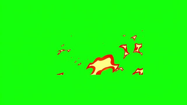 Dynamic cartoon fire bursts and sparks on green screen for visual effects