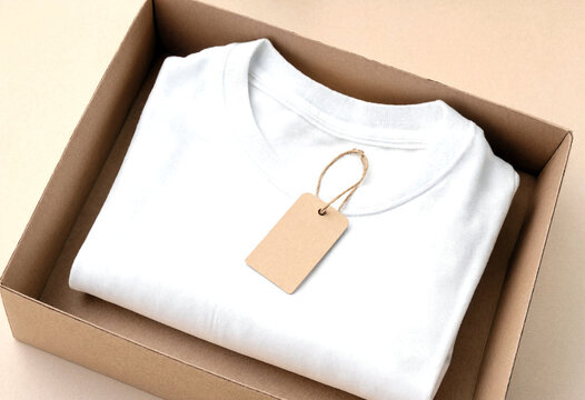 Neatly folded plain white tshirt inside a cardboard box with a beige price tag attached