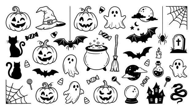 Halloween Spooky Doodle Icon Set with Jack O Lantern Pumpkins, Cute Ghosts, Flying Bats, Witch Cauldron, Haunted House, and Magic Mystery Symbols for Festive Designs