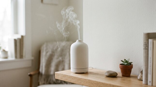 Ceramic essential oil diffuser emitting mist in cozy minimalist home