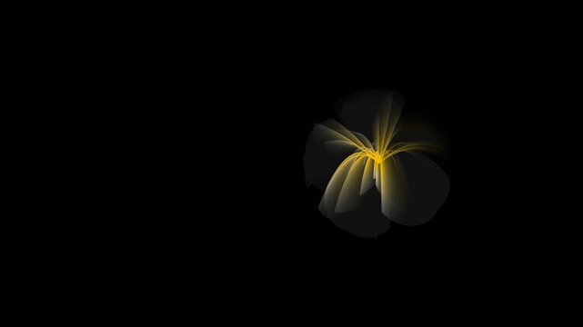 Abstract yellow glowing particle flower animation morphing into dark circle shape against black background for modern digital graphic design.
