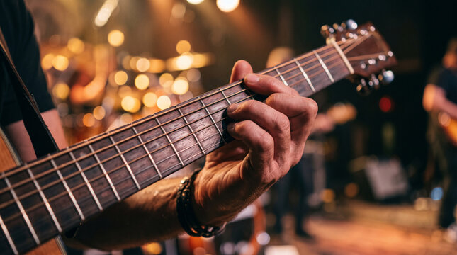 Close-up of Guitarist Fingers Pressing Acoustic Guitar Strings on Stage