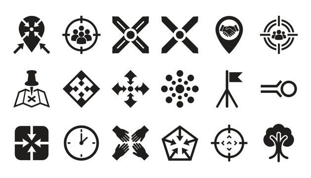Meeting Point and Target Destination Icon Set with Location Pins, Audience Targeting Crosshairs, Map Navigation, Arrow Directions, and Team Convergence Symbols for Business Logistics