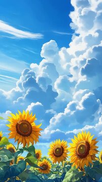 青い空と白い入道雲の下で咲き誇る満開のひまわり畑　明るい夏の景色が広がるコピースペース付きの高品質な縦長ビデオ素材