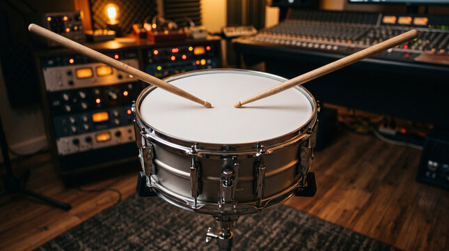 High Angle Corner Close-up of Wooden Drumsticks Hovering over Snare Drum