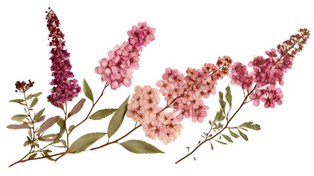 Pink Vintage Pressed Dried Spirea Flowers With Green Leaves Stock Illustration