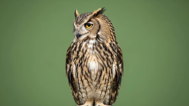 A majestic great horned owl captured in a detailed studio portrait shot