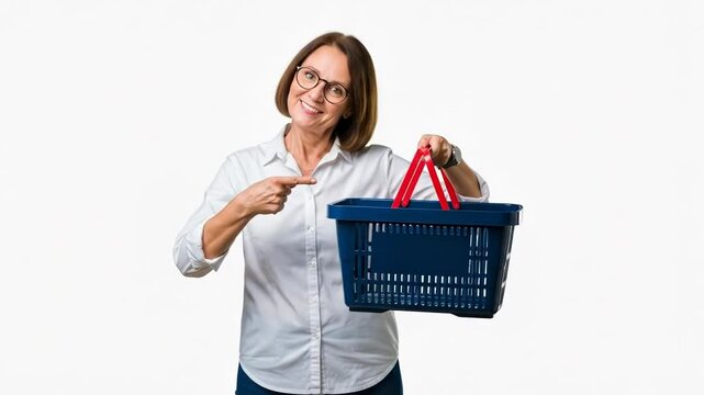A mature woman holding an empty shopping basket and pointing towards it