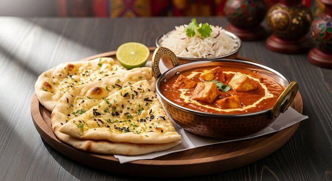 Delicious indian curry with naan bread and fresh lime wedge