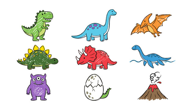 Cute Hand Drawn Crayon Dinosaur Vector Set with Cartoon Tyrannosaurus Rex, Triceratops, Brachiosaurus, Stegosaurus, Plesiosaur, Pterodactyl, Hatching Egg, and Volcano Graphic Designs