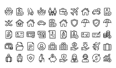 Fototapeta premium Editable Stroke Insurance Line Icons Set Featuring Life Health Pregnancy Business Travel Coverage Claims and Protection