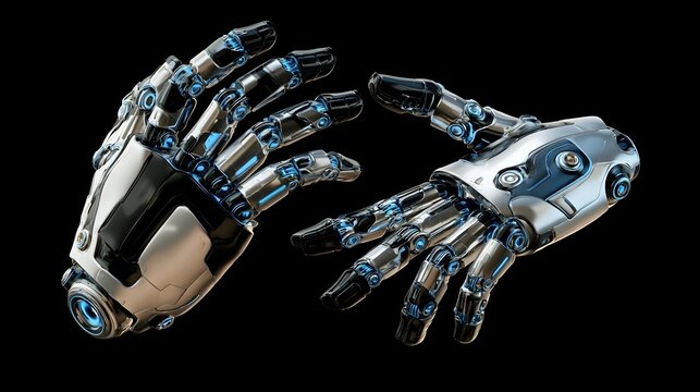Robotic hands in metallic silver with blue accents demonstrating