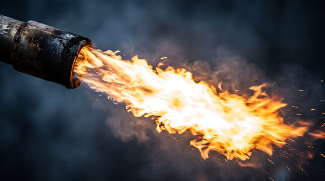 Close-up of a metal industrial nozzle shooting a powerful jet of fire and burning orange flames with industrial combustion machinery manufacturing engineering