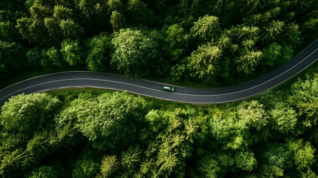 Scenic forest road with cars representing environmentally friendly transport and long term green investment strategies.
