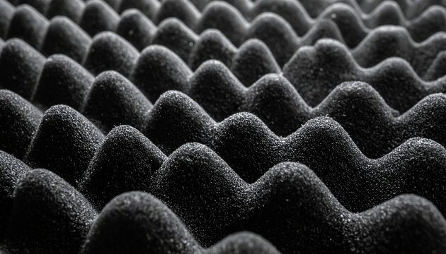 Macro close-up shot of dark acoustic foam panel texture with acoustic wave egg crate design. Soundproofing foam padding surface for audio recording studio and music production.