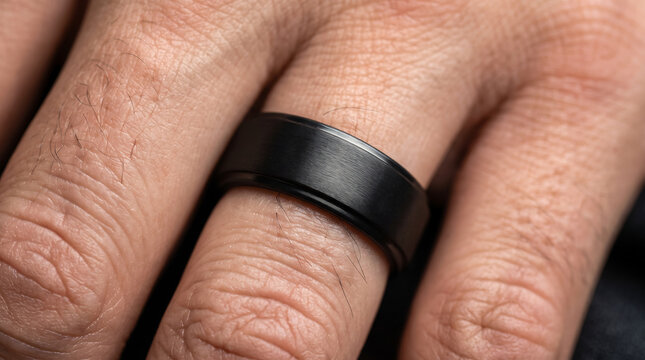 Close-up of a man wearing a plain matte black wedding ring on his finger with accessory marriage commitment minimalist engagement masculine textured personal