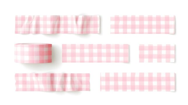 set of pink and white checkered gingham washi tape pieces, wrinkled and applied, isolated on a white background background, for creative crafting and design.